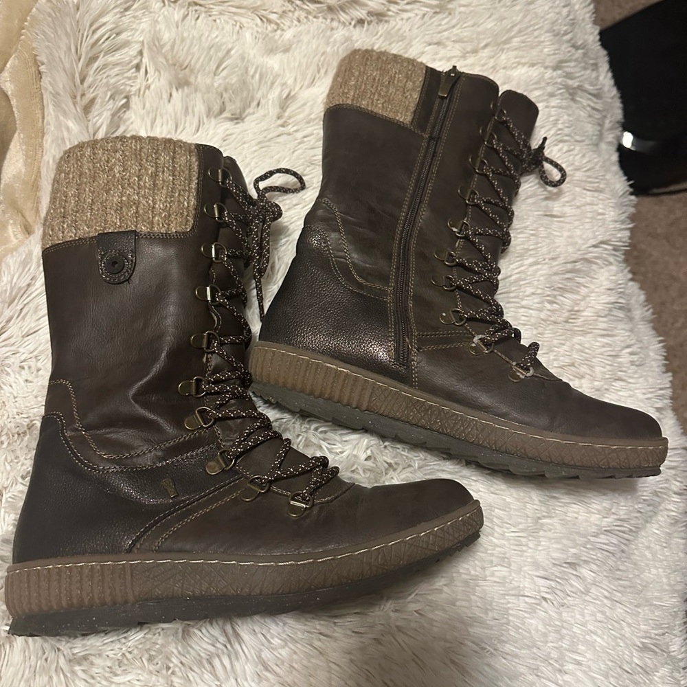 Spring Step Brown Lace-Up Knit Cuff Winter Boots